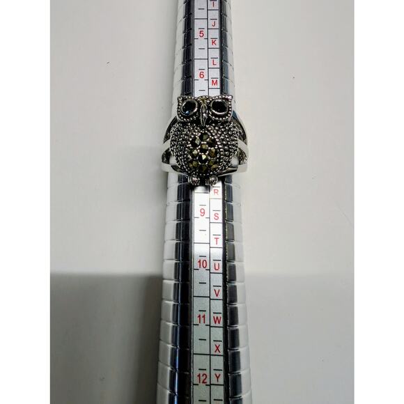 Owl Statement Ring NWT Silver Tone Blue Eyes Marcasite Style Size 8 - Picture 4 of 6